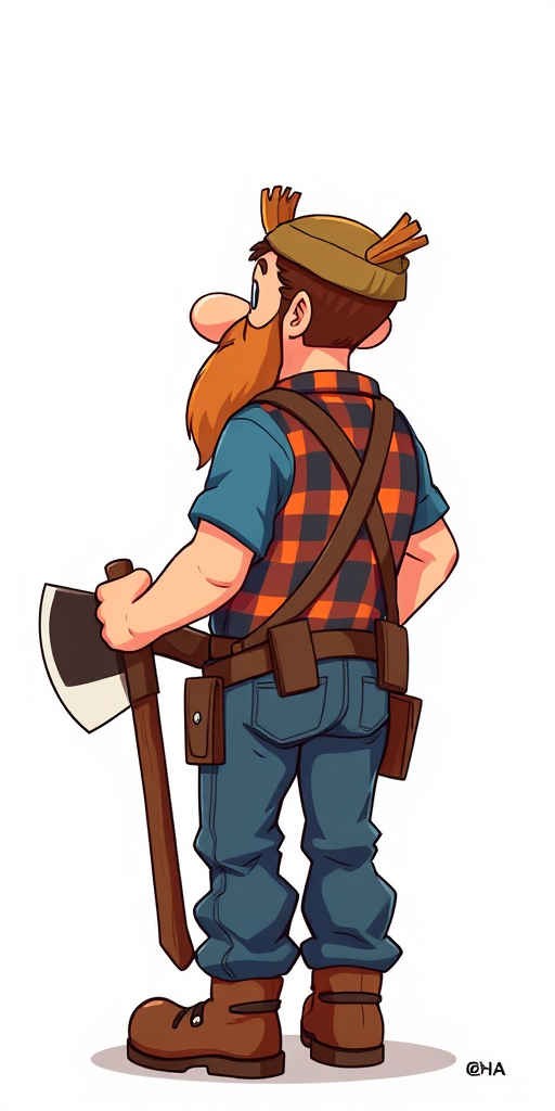 Create a detailed illustration of a lumberjack character standing with his back turned, holding an axe, with a cartoonish style and vibrant colors, using a Canon EOS R5 with a 50mm f/1.2 lens, aperture set to f/2.8, ISO 100, and soft diffused lighting for a clean and crisp appearance.