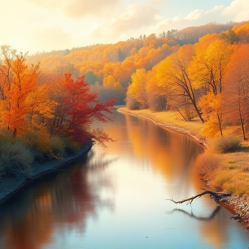 landscape painting of a serene river with autumn trees and soft colors, Nikon D850, 50mm lens, f/1.8, ISO 100, golden hour lighting, shallow depth of field, watercolor style