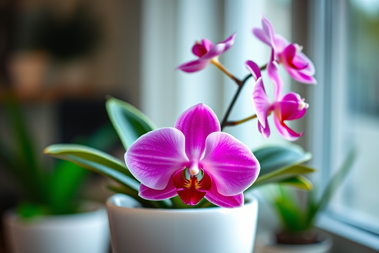 generate a high-resolution image of a vibrant pink orchid in a white pot with green leaves, taken with a DSLR camera, 50mm lens, f/1.8 aperture, ISO 100, natural light, shallow depth of field, soft focus background