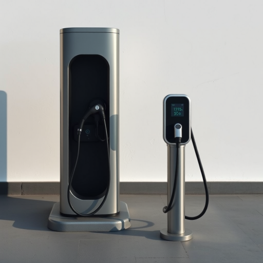 Generate a high-resolution image of an electric vehicle charging station against a simple background, using a Canon EOS R5 with a 50mm f/1.8 lens, aperture at f/4, ISO 100, and a soft natural light setup to enhance clarity and detail.