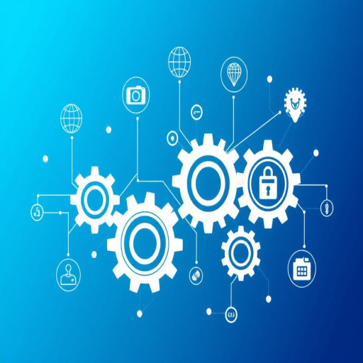 Create a digital illustration of interconnected gears representing technology and innovation, set against a gradient blue background with icons for security, health, and connectivity, captured with a digital camera, aperture f/8, ISO 100, 24mm focal length, in a clean and modern graphic style.