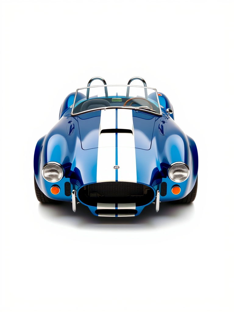 Create a high-resolution image of a blue sports car similar to a Cobra, positioned at a three-quarter front view, using a DSLR camera with a 50mm lens, aperture set at f/2.8, ISO 100, and a shutter speed of 1/200s, with a focus on vibrant colors and detailed textures, set against a simple white background for contrast.