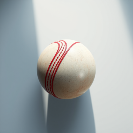 Generate a highly detailed 3D render of a cricket ball, with realistic textures and lighting, shot using a Canon EOS R5, aperture f/8, ISO 100, at a 50mm lens, top-down view, soft diffused lighting to enhance shadows and highlights.