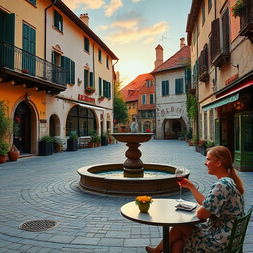 Charming village square, with a fountain in the center, and a woman sitting at an outdoor cafe, sipping wine as the sun sets behind the buildings.