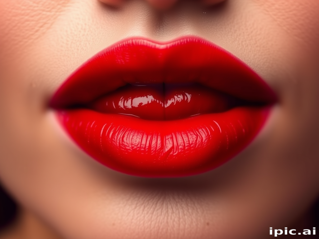 Sultry ombre lips transition from deep crimson to bright scarlet, creating a gradient effect that adds depth and dimension to the mouth