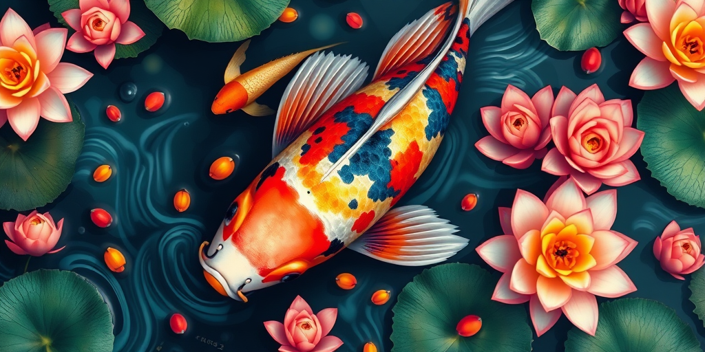 Create a vibrant, detailed illustration of a colorful koi fish surrounded by smaller fish and lotus flowers, using a Canon EOS 5D Mark IV with a 50mm f/1.8 lens, settings at ISO 100, f/8, and 1/200 sec, top-down view with soft lighting for enhanced texture and clarity.