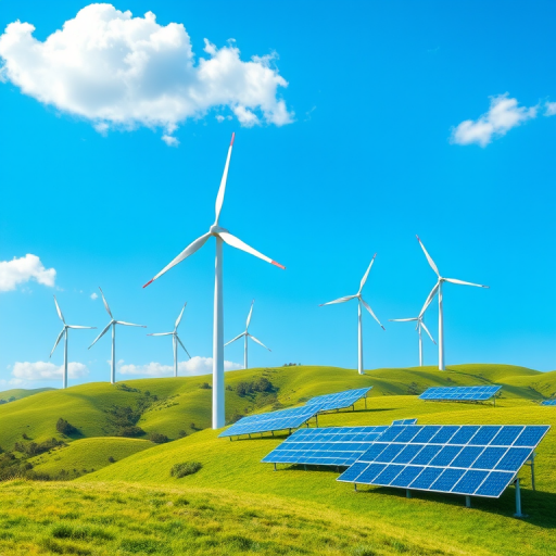 Generate a vibrant digital illustration of a renewable energy landscape featuring wind turbines and solar panels on green hills under a clear blue sky with fluffy clouds, use a wide-angle lens, f/8 aperture, ISO 100, and a 50mm DSLR camera to achieve high clarity and vivid colors.