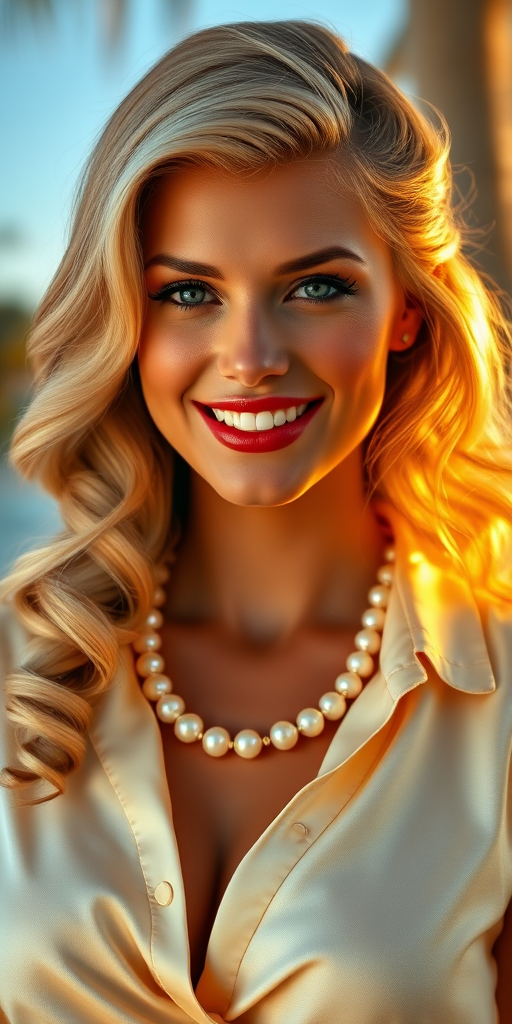 A beautiful Hawaiian woman reminiscent of 1950s Hollywood glamour, with perfectly styled blonde hair and a seductive smile, dressed in a satin blouse and adorned with pearls, soft and warm tones, photorealistic, 8K