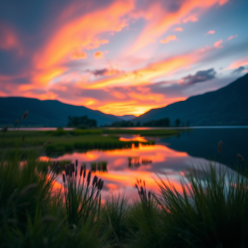 Generate a high-resolution image of a serene landscape at sunset with vibrant colors reflecting in a calm lake, using a Canon EOS R5 with a 24mm f/1.4 lens, aperture set to f/8, shutter speed at 1/125s, ISO 100, shot from a low angle to capture foreground details, with a soft-focus background effect for depth.