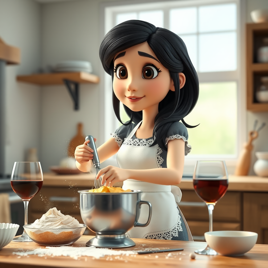 A Pixar-style CGI girl with black hair and black eyes wearing a white apron with lace stands in a kitchen and kneads cake batter. There is flour dust in the air, a glass of wine on the table and the cake ingredients are scattered around. 3D