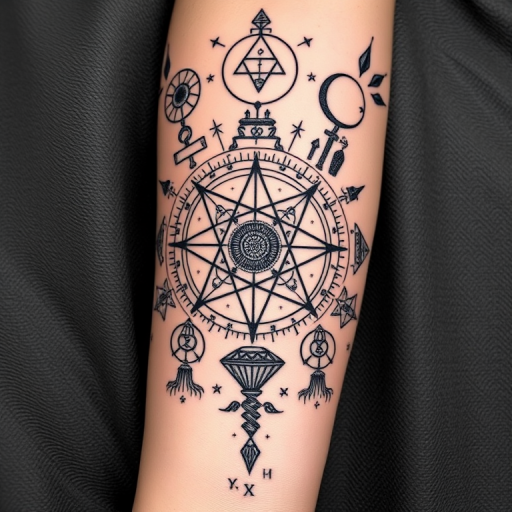 Mystical alchemical tattoo incorporating ancient symbols, sacred geometry, and cryptic formulas, rendered in a combination of fine lines and bold blackwork, adorning the entire forearm