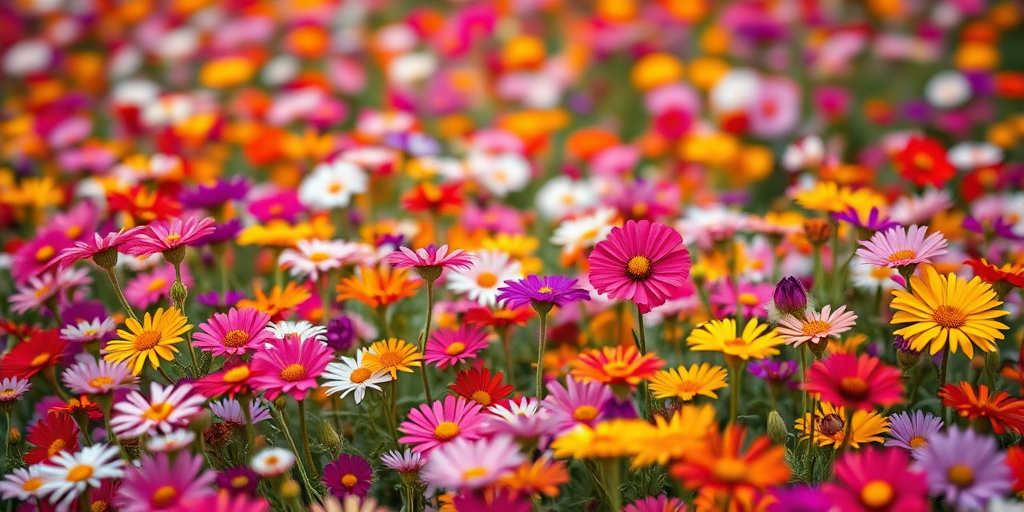 macro shot of a vibrant flower field with a multitude of colorful flowers in various shapes and sizes, f/2.8 aperture, ISO 100, 50mm lens, soft focus background, taken with a DSLR camera