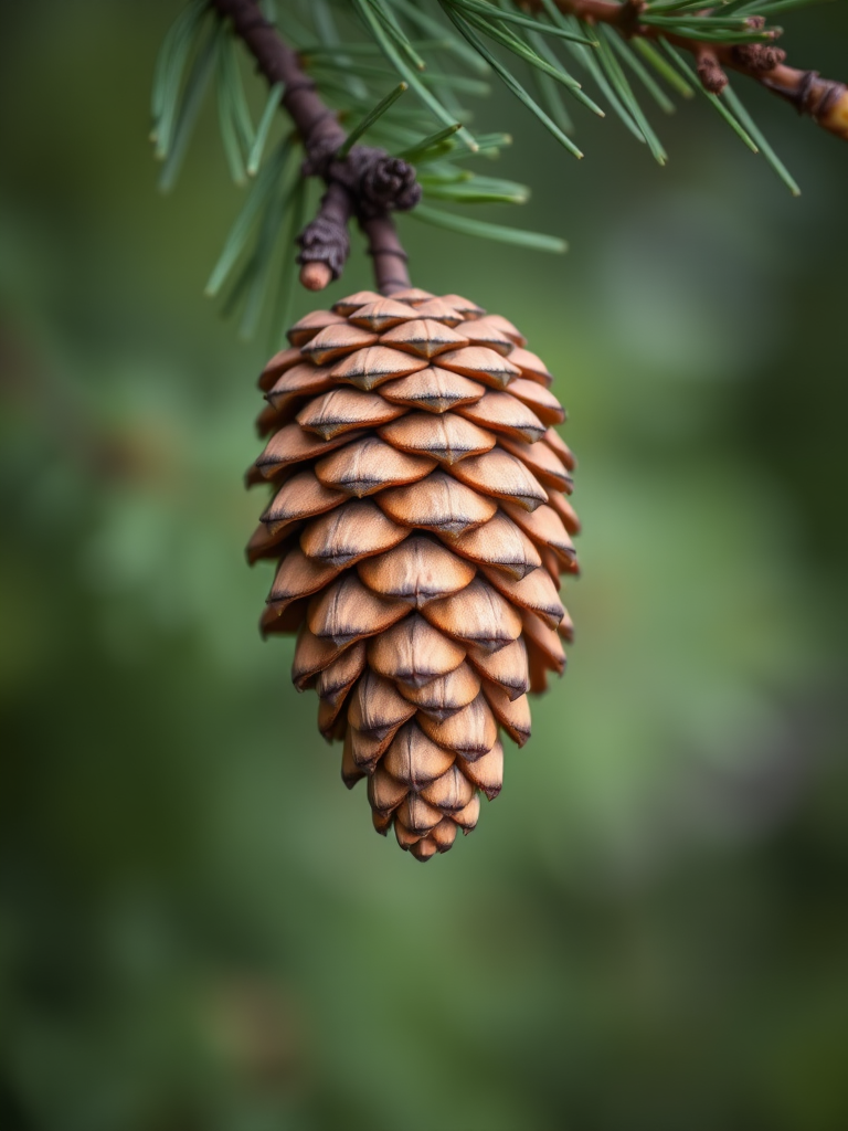Close-up of a pine cone hanging from a branch, with blurred green foliage in the background, using a DSLR camera, aperture f/2.8, ISO 100, 50mm lens, shallow depth of field for enhanced focus on details.