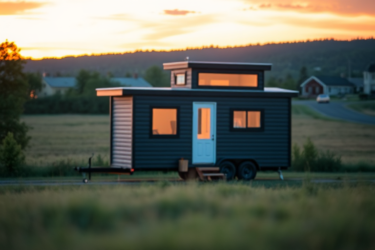 Generate an image of a modern tiny house on wheels in a serene outdoor setting during sunset with vibrant colors, using a DSLR camera with a 35mm lens, aperture f/2.8, ISO 100, and a shallow depth of field to enhance the foreground details, capturing the house from a slightly elevated angle to emphasize the landscape.