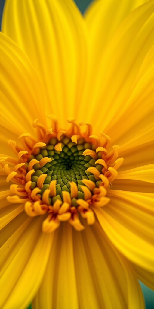 close-up of a vibrant yellow flower with intricate petal details and a green center, captured with a macro lens, aperture f/2.8, shutter speed 1/250s, ISO 100, natural lighting, DSLR camera, shallow depth of field, vivid colors