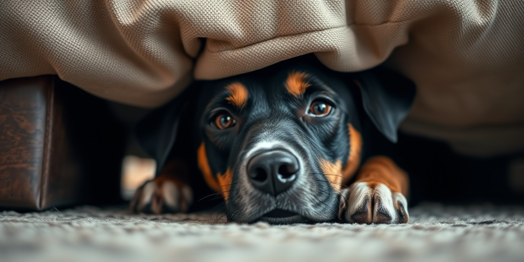capture a close-up shot of a dog hiding under a couch with soft natural lighting, using a DSLR camera at f/2.8, ISO 200, shutter speed 1/100s, with a shallow depth of field to emphasize the dog's expression and create a cozy atmosphere