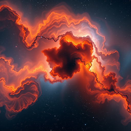 Create a high-resolution image of a vibrant cosmic scene with swirling nebulae in orange, blue, and white hues, captured using a DSLR camera at ISO 100, f/8 aperture, 1/200 sec shutter speed, wide-angle lens, and a panoramic view for enhanced depth and detail.