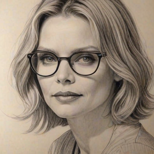 Exquisite Michelle Pfeiffer, pencil sketch, portrait of Wonderful woman 1928s in glasses, hair style beatnik, outline, clear lines, fine lines, 8k
