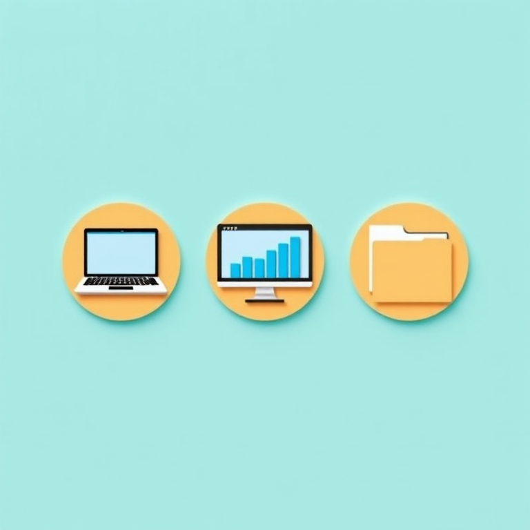 Create an image of three circular icons representing a laptop, a graph monitor, and a folder on a light turquoise background, using a DSLR camera with a 50mm lens at f/2.8, 1/100s shutter speed, and ISO 200 for sharpness and vivid colors, in a clean, modern, flat design style.
