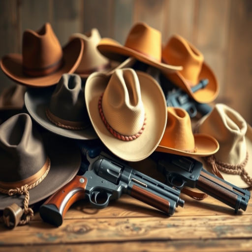 Create an illustration of various cowboy hats and guns arranged artistically, captured with a DSLR camera at f/2.8 aperture, 50mm lens, natural lighting, and a shallow depth of field for enhanced focus on the objects.