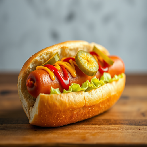 create a realistic image of a hot dog in a sesame seed bun with vibrant toppings like mustard, ketchup, lettuce, and pickles, captured with a DSLR camera at f/2.8 aperture, 50mm lens, soft lighting, and a slightly elevated angle to enhance details and texture