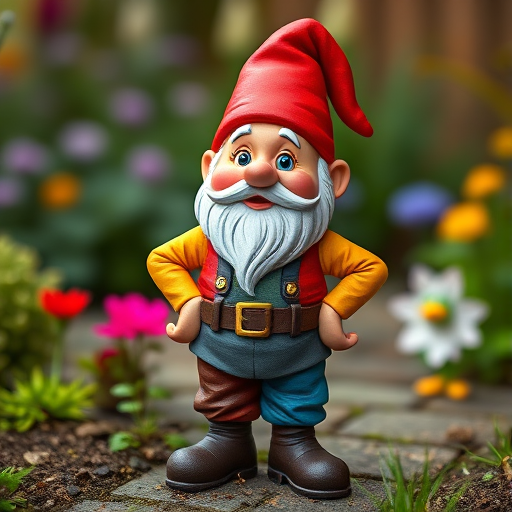Create a cartoonish garden gnome character standing with hands on hips, colorful outfit, vibrant red hat, with a blurred garden background, shot with a 50mm lens at f/2.8, ISO 200, 1/100s, in high-resolution digital format.