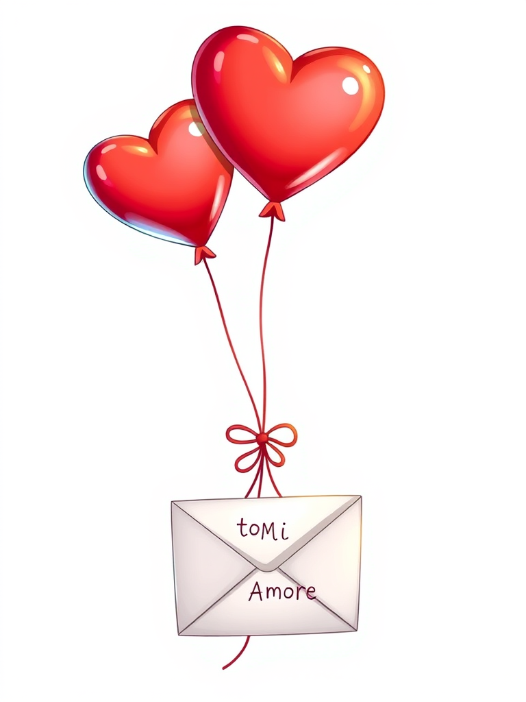 Create a vibrant illustration of two red heart balloons tied together with a decorative string, attached to an envelope that says "to Mi Amore," using a digital art style with high resolution, soft lighting, and a clean white background, simulating a DSLR camera with a 50mm lens at f/2.8 for a shallow depth of field and vibrant colors.