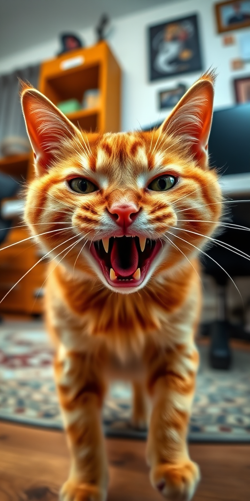 A fierce orange cat lunging at the camera in a home office setting, captured with a Canon EOS R5, 24mm lens, f/1.8 aperture, ISO 200, 1/500 second shutter speed, wide-angle view, highly detailed and vibrant colors.