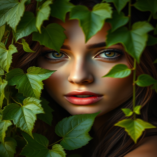 Create a hyper-realistic portrait of a woman partially covered in lush green vines and leaves, with detailed facial features and expressive eyes, shot with a Canon EOS R5, 50mm f/1.2 lens, aperture set to f/1.2, ISO 100, and a shallow depth of field to enhance the focus on her face with soft bokeh in the background.