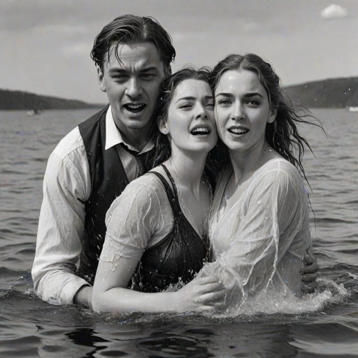 A hyperdetailed photorealistic black and white pencil sketch recreating the iconic scene at the end of Titanic with Jack and Rose floating in the water, only show them making exaggerated funny faces at the camera. Show Rose spitting water at the camera.