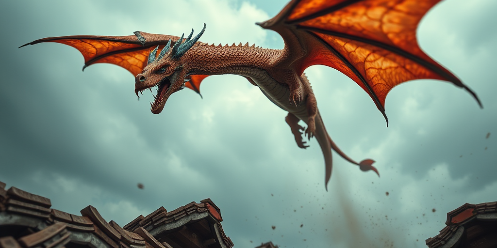 Generate an image of a fierce dragon flying, using a Canon EOS R5, 50mm lens, f/1.8 aperture, ISO 100, 1/2000 shutter speed, and a dynamic low-angle view to enhance details and colors.