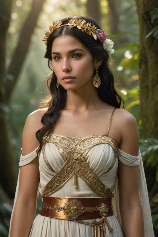 Create a portrait of a goddess-like Inca girl figure in a tranquil, forested environment. She has an elegant appearance with long, wavy hair styled in an updo and adorned with a delicate, floral headband. She wears a flowing, ancient Greek-inspired gown in a soft, pale color, featuring a one-shoulder design and draped fabric that accentuates her graceful form. The outfit includes a decorative belt with ornate gold detailing, and she holds a bow in her hand, with a quiver of arrows slung over her shoulder. The background depicts lush greenery, with sunlight filtering through the trees, casting a gentle, ethereal light on the scene. Her expression is calm and contemplative, embodying a sense of wisdom and serenity.