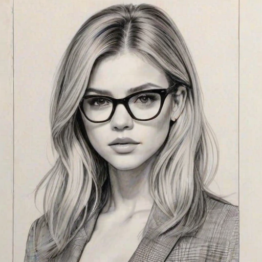 Enticing Nicola Peltz, pencil sketch, portrait of Stunning woman 1965s in glasses, hair style beatnik, outline, clear lines, fine lines, 8k