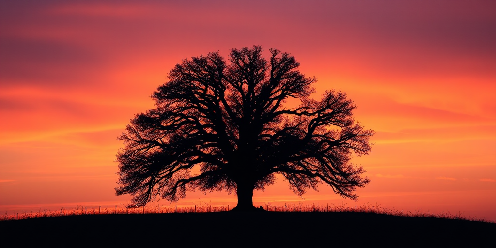 Create a high-resolution image of a silhouette of a large tree standing alone on a hill during sunset, with vibrant hues of orange and purple in the sky, captured using a DSLR camera at f/8 aperture, ISO 200, 50mm focal length, shot from a low angle to emphasize the tree's height and branches.