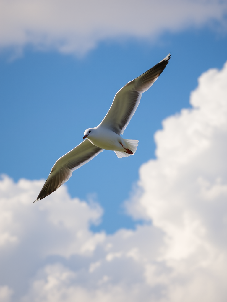 A seagull in mid-flight against a blue sky with fluffy white clouds, captured with a Canon EOS 5D Mark IV at 200mm, f/5.6, 1/4000s, ISO 200, using a telephoto lens for sharp detail and vibrant colors.