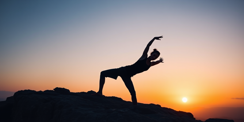 create a high-resolution silhouette image of a person doing a yoga pose on a rocky cliff at sunset, with a soft glowing background, using a DSLR camera with a 50mm lens, aperture f/2.8, ISO 100, shutter speed 1/200 sec, taken from a low angle for dramatic effect.