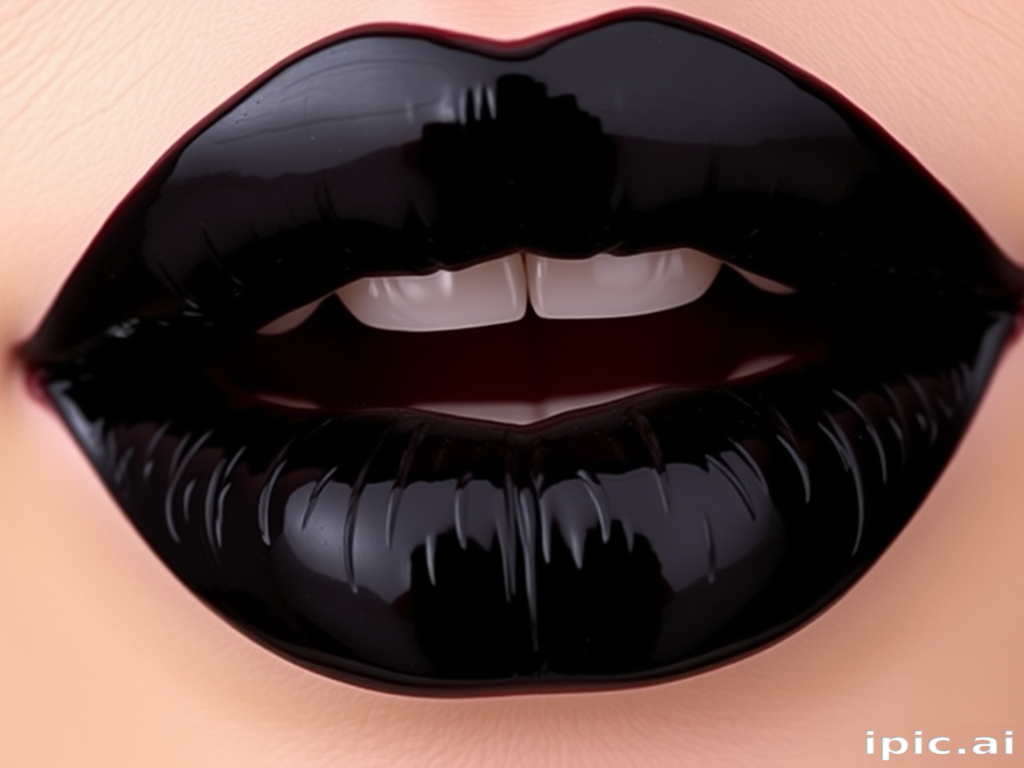 Glossy black cherry lips dubbed "Midnight Velvet" offer a deep, sultry look with a high-shine finish, ideal for gothic and edgy fashion enthusiasts