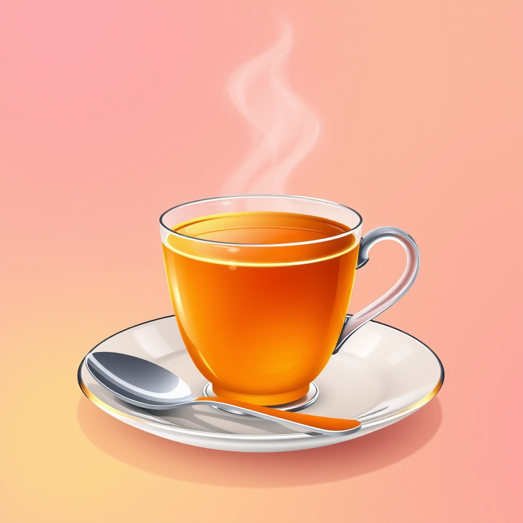 Create a high-resolution vector illustration of a steaming cup of orange tea on a saucer with a silver spoon beside it, soft gradient background from pink to yellow, shot with a DSLR camera at f/8 aperture, 50mm lens, soft focus for artistic effect.