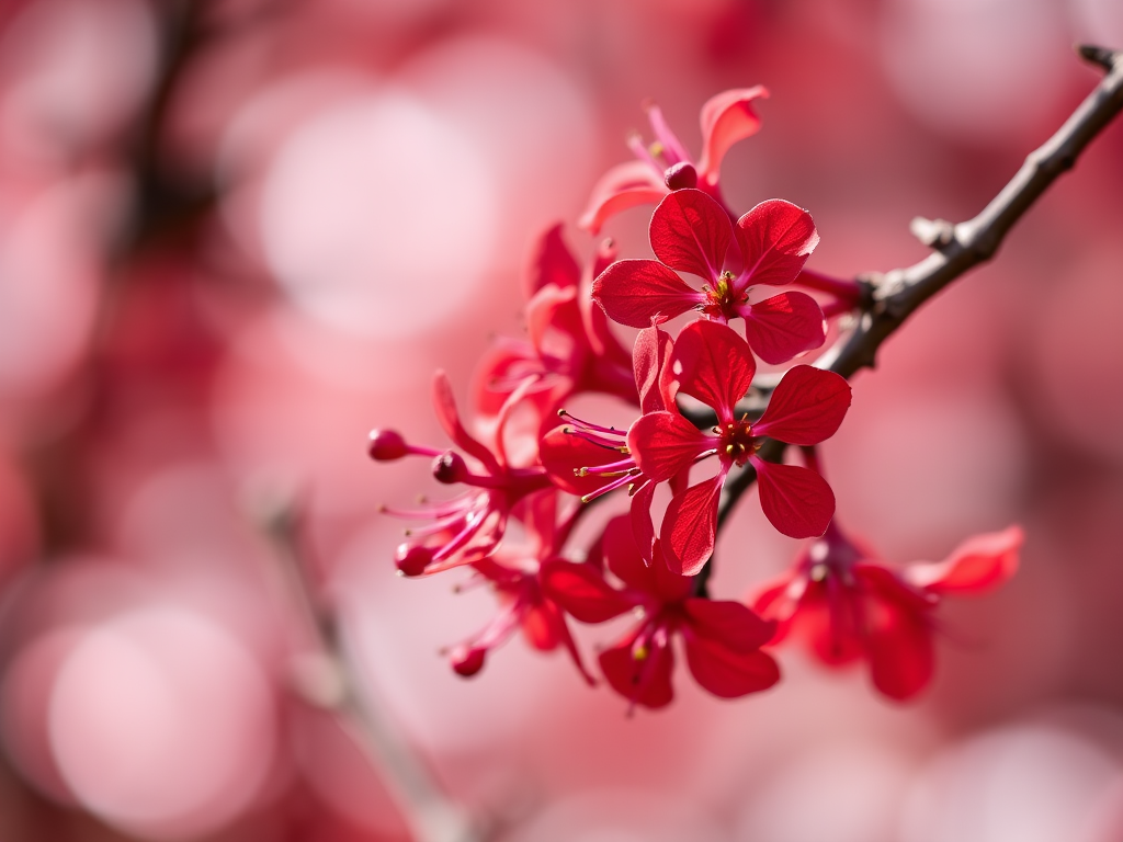 close-up of vibrant red flowers on a branch with soft bokeh background, aperture f/2.8, shutter speed 1/200s, ISO 100, natural lighting, macro lens photography, DSLR camera
