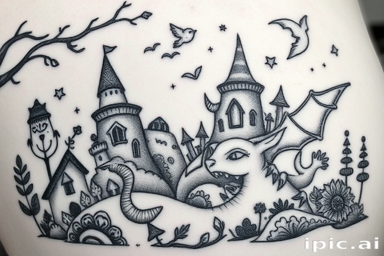Illustrative black and grey tattoo portraying a whimsical storybook scene with fantastical creatures and landscapes, soft shading and intricate linework creating depth and texture, nostalgic and imaginative design