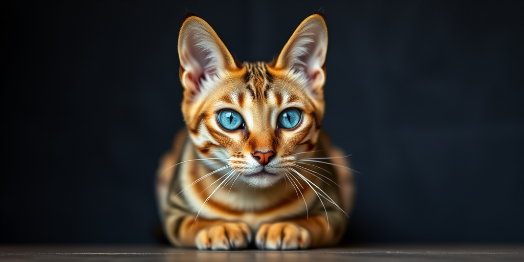 A close-up portrait of a Bengal cat with striking blue eyes sitting on a wooden surface against a dark, textured background, captured with a DSLR camera at f/2.8 aperture, 50mm lens, ISO 200, natural lighting, shallow depth of field.