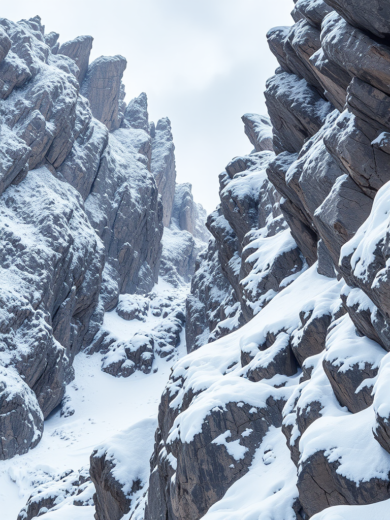 Create a detailed illustration of a rocky snow-covered cliffside with sharp rock formations, captured with a DSLR camera at f/8 aperture, ISO 100, 50mm lens, wide-angle view, high dynamic range.