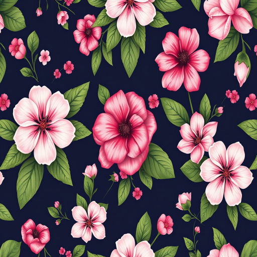 Create a seamless floral pattern with pink and white flowers, green leaves, and a dark navy background, captured with a Canon EOS R5 at ISO 100, f/4, 1/200 sec, using a macro lens for detailed textures and vibrant colors.