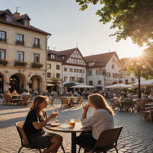 Charming village square, with a fountain in the center, and a woman sitting at an outdoor cafe, sipping wine as the sun sets behind the buildings.