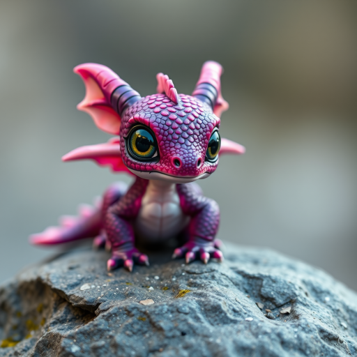 Create a highly detailed image of a cute, small dragon sitting on a rock, featuring vibrant purple and pink scales, large expressive eyes, and delicate wings, using a DSLR camera with a 50mm f/1.8 lens, shallow depth of field, soft lighting, and a clean background for emphasis on the subject.