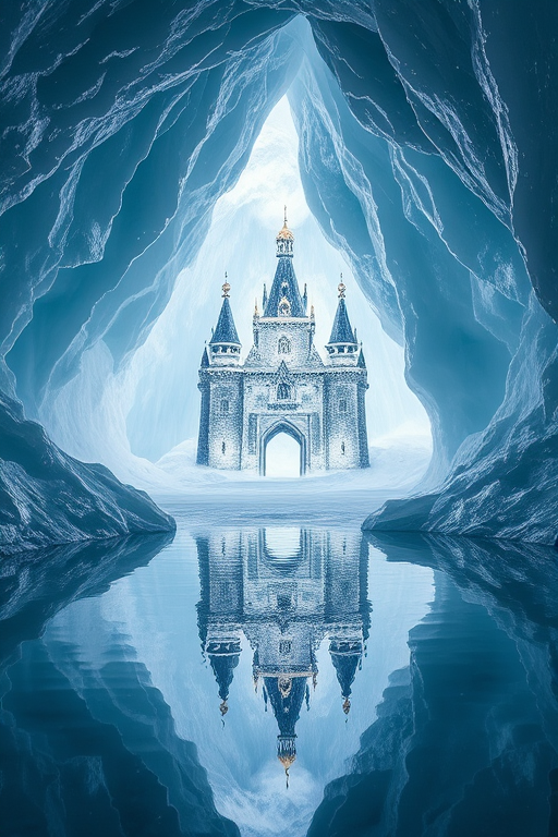 Regenerate an image of a crystal castle in a sparkling ice cave, with detailed reflections and light play, captured with a DSLR camera at f/2.8, ISO 100, 24mm lens, shot in HDR style, ensuring a vivid and high-quality finish.