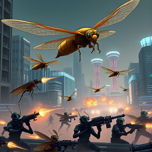 A squad of flying insect commandos, with a massive dragonfly wielding a railgun and smaller wasps armed with plasma pistols, soar through a war-torn cityscape. Below, ground forces made up of ants and beetles hold positions with heavy machine guns and rocket launchers, their stances suggesting they're defending a key outpost. The futuristic city is ablaze with battle, neon signs flickering as they dodge incoming fire. The commandos are battle-hardened, with a mix of sci-fi weaponry that feels grounded in both insect capabilities and military technology, creating a thrilling, high-stakes war zone.