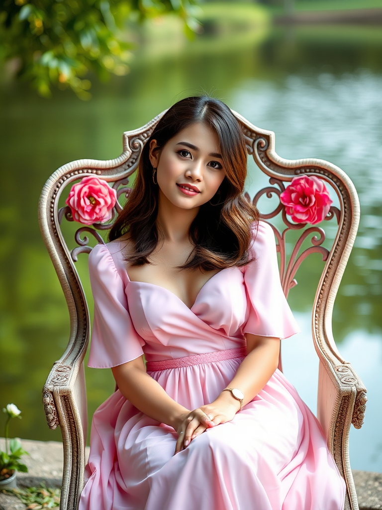 Portrait of a young woman in a pink dress sitting in a floral-decorated chair by a serene waterbody, soft natural lighting, aperture f/2.8, ISO 100, shutter speed 1/200s, 50mm lens, DSLR camera for enhanced depth of field and sharpness.