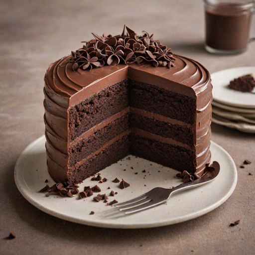 Create an image of a slice of layered chocolate cake with visible chocolate frosting on top and delicate chocolate decorations. The cake should showcase alternating layers of light and dark chocolate, emphasizing its rich texture and flavor. The background should be a simple, neutral color to highlight the cake.