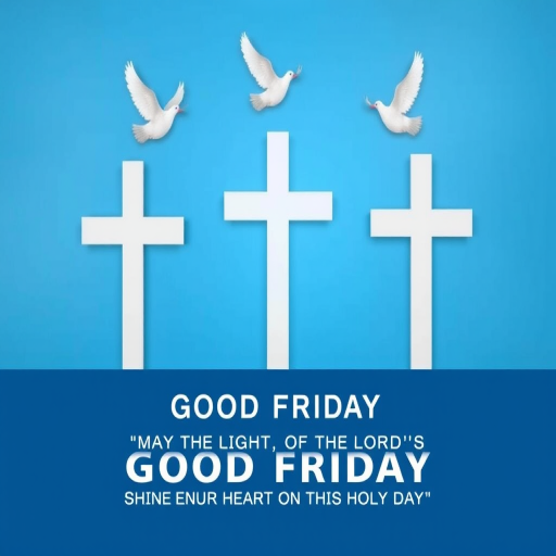 Create an image featuring three white crosses on a blue background with two doves above them, include the text "GOOD FRIDAY" in bold white font at the bottom along with the message "MAY THE LIGHT OF THE LORD'S LOVE SHINE ON YOU AND BRIGHTEN YOUR HEART ON THIS HOLY DAY," captured with a DSLR camera at f/2.8, ISO 100, 50mm lens, in a minimalistic style and a centered composition to enhance clarity and detail.